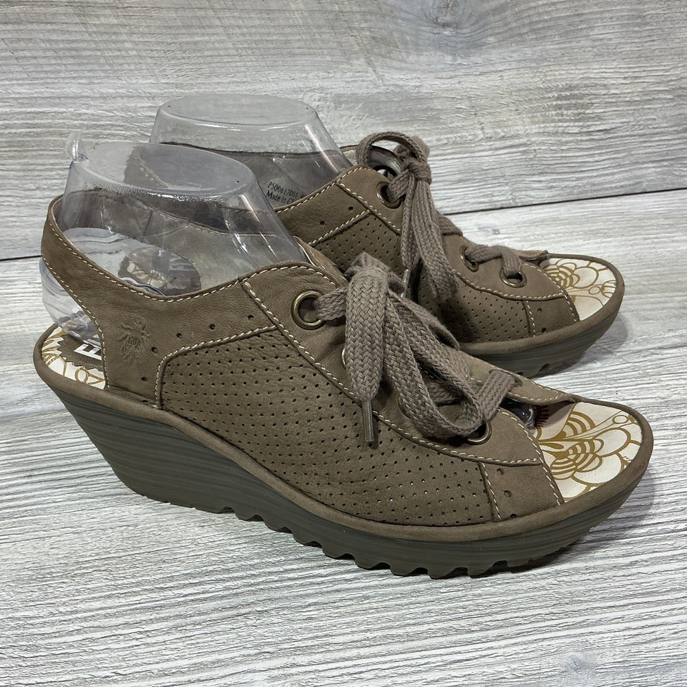 Fly London Womens Ylva Khaki Perforated Peep Toe Wedge Sandals Size 9-9.5 US 40